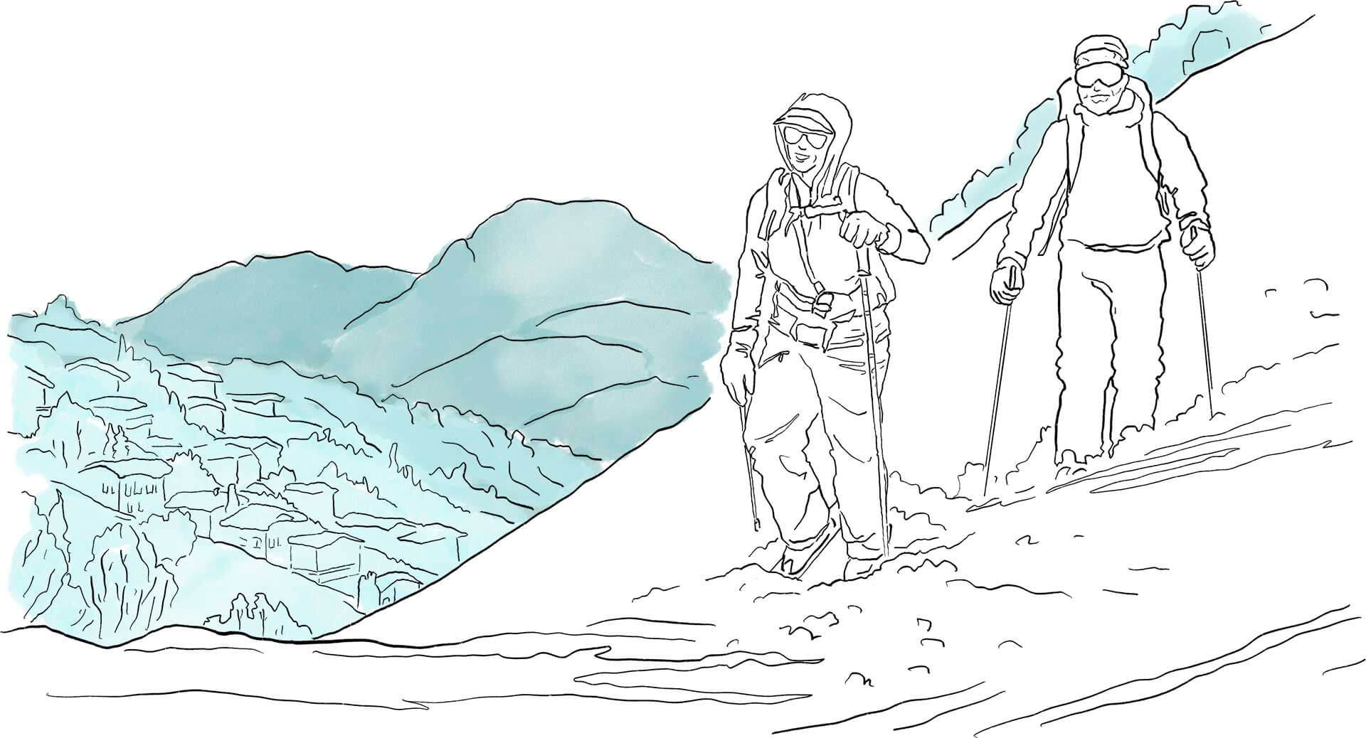 Line art illustration of two hikers descending a snowy hill with walking poles, both dressed in cold-weather gear. Behind them, soft blue watercolor mountains frame a quiet village nestled in the valley below, creating a serene alpine backdrop.