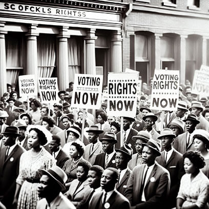 Black-and-white photo of a large civil rights-era protest, with Black men and women marching in formal clothing, many wearing buttons. Protesters hold signs that say things like ‘VOTING RIGHTS NOW’ and ‘AUTONOMOUS RIGHTS NOW’, demanding racial justice and political equality. The scene captures the urgency and solidarity of the voting rights movement.
